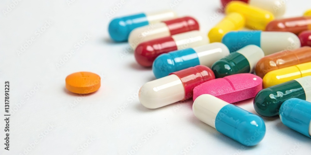 A cluster of bright colored capsules sitting on a plain white surface with some colorful pills scattered nearby, vibrant colors, colorful medication A cluster of bright colored capsules sitting on a plain white surface with some colorful pills scattered nearby, vibrant colors, colorful medication