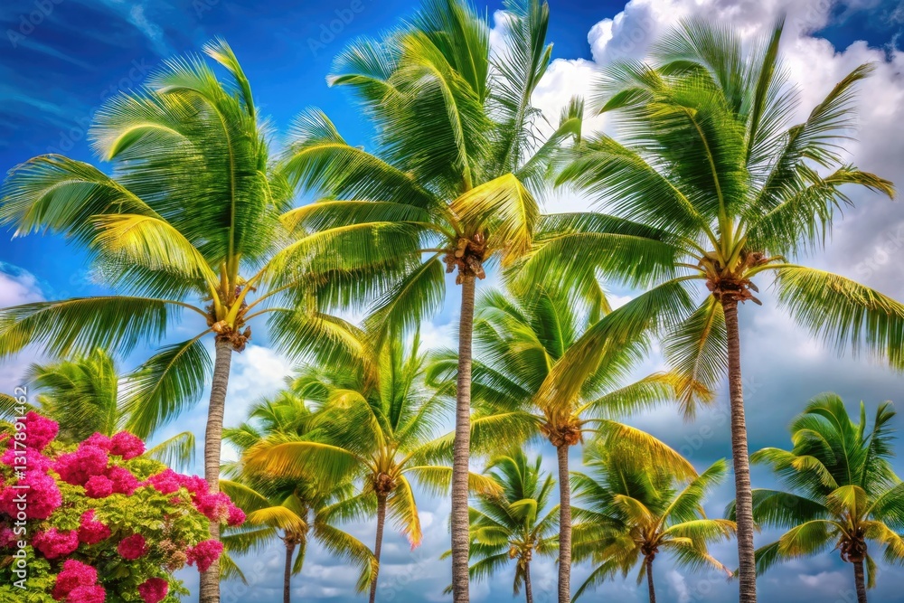 Obraz premium A cluster of palm trees sways together in the wind, their trunks and branches intertwined with vines and flowers, vegetation, nature, plant life