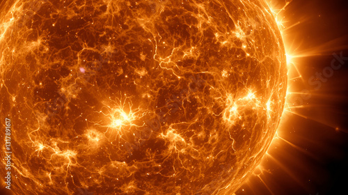 A powerful flare on the sun surface. Plasma release. Electromagnetic attack. Powerful solar flare lights up the sky. photo