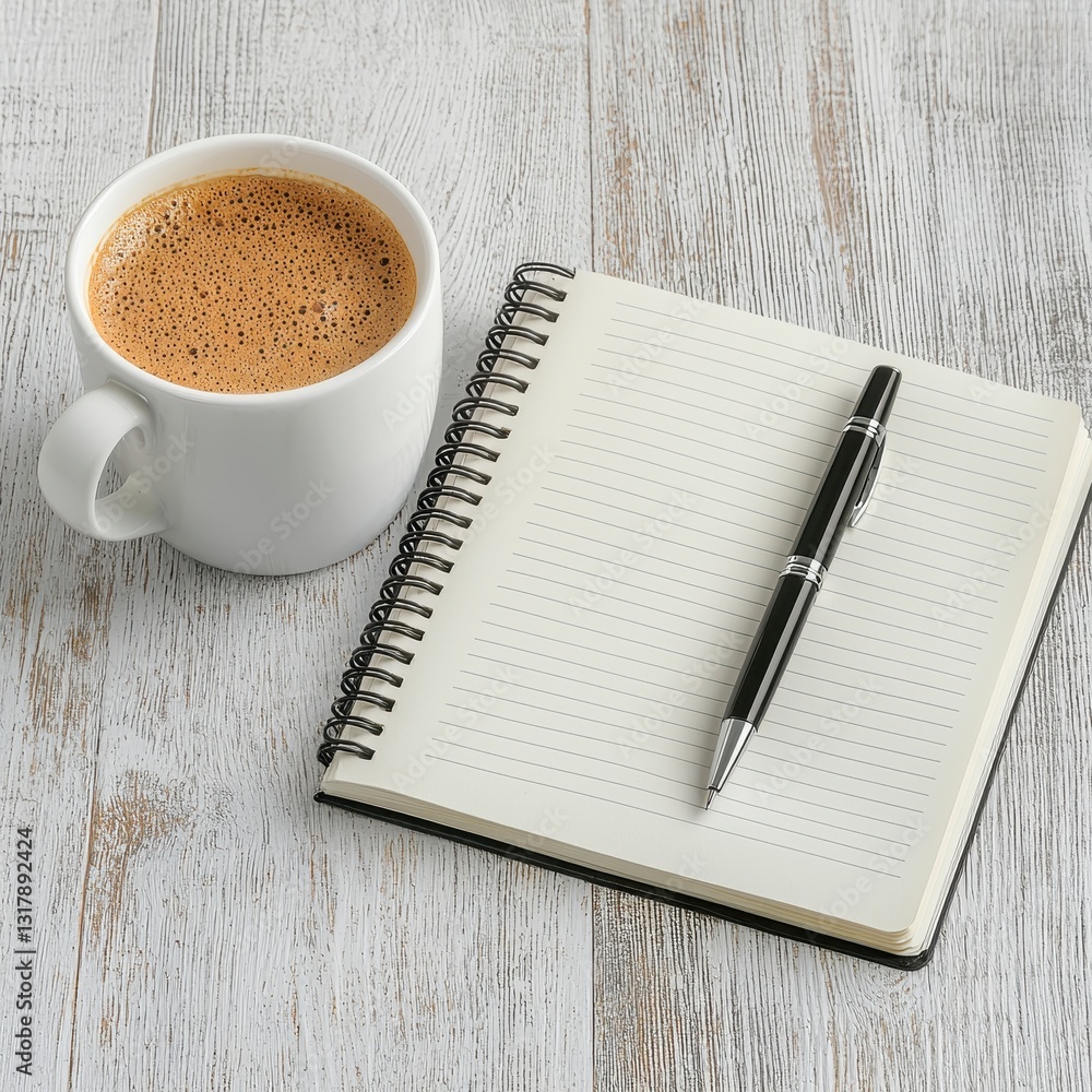 White Coffee Cup and Blank Notebook on Rustic Wooden Table White Coffee Cup and Blank Notebook on Rustic Wooden Table