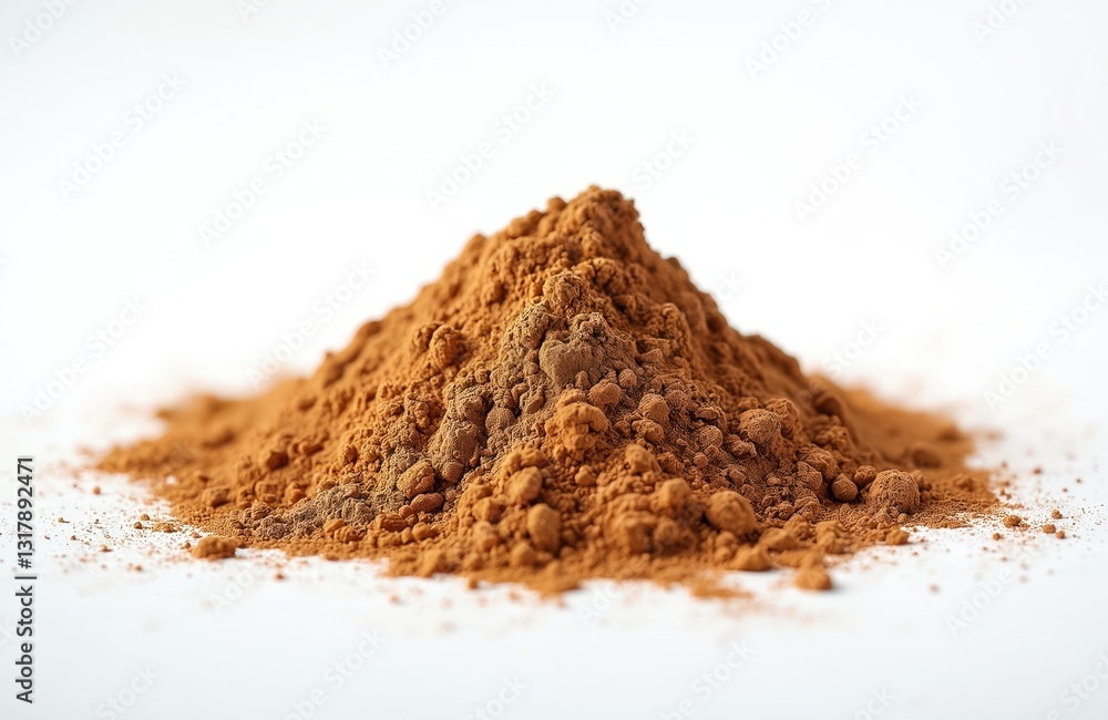 Pile of brown powder on white background. Mound of fine powdery light brown material. Close-up of texture, granulated coarse rough granular dry crumbly substance. Ingredient for food, cosmetic, Pile of brown powder on white background. Mound of fine powdery light brown material. Close-up of texture, granulated coarse rough granular dry crumbly substance. Ingredient for food, cosmetic,