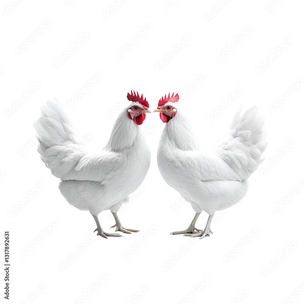 Two white chickens standing next to each other with their heads together on transparent background