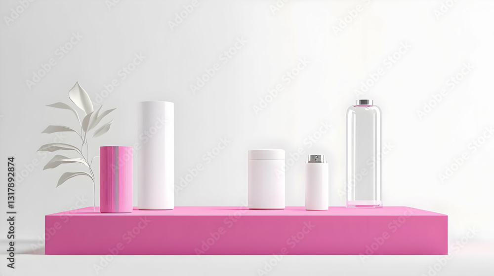 Minimalist Product Display On Pink Podium With White Cosmetic Jars And Geometric Leaf Decoration Minimalist Product Display On Pink Podium With White Cosmetic Jars And Geometric Leaf Decoration