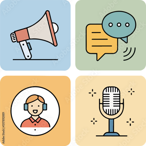Set of Speech and Communication Icons – Editable Stroke Vector