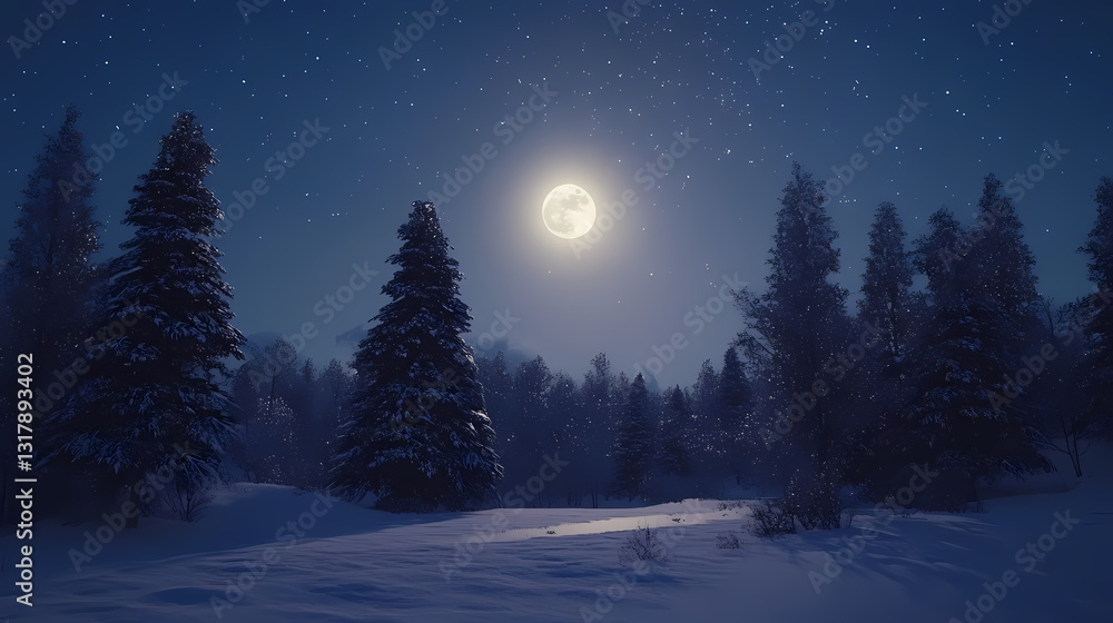 Under a starlit sky, a magical winter forest captures the essence of christmas with its snowy trees and serene, moonlit beauty. Moonlit Essence. Illustration Under a starlit sky, a magical winter forest captures the essence of christmas with its snowy trees and serene, moonlit beauty. Moonlit Essence. Illustration