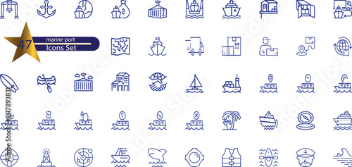  icons related to marine port. Linear icon collection.