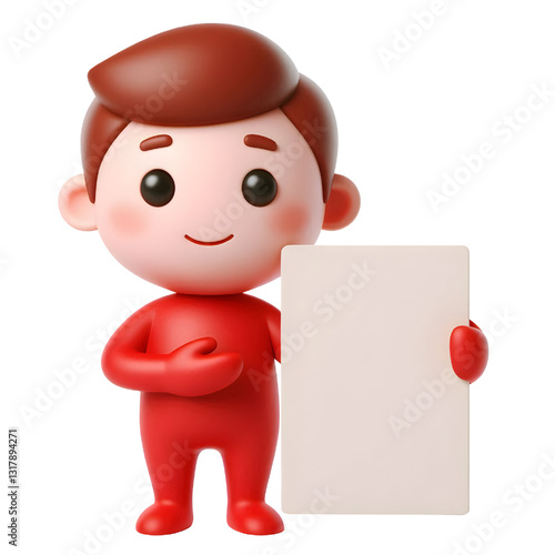 Cute red 3d man holding blank card isolated on white background