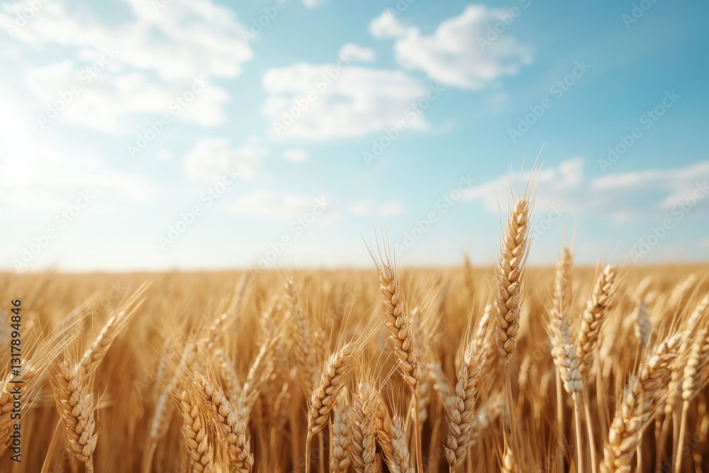 Fototapeta premium Golden wheat field stretching under a bright blue sky with fluffy clouds on a sunny day