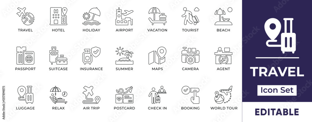 Travel Line Icon Set. Features editable icons for travel, tourism, vacation, holiday, airport, hotel, luggage, passport, and more. Perfect for travel agencies, tourism websites, and travel bloggers. Travel Line Icon Set. Features editable icons for travel, tourism, vacation, holiday, airport, hotel, luggage, passport, and more. Perfect for travel agencies, tourism websites, and travel bloggers.
