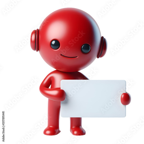 Cute red 3d man holding blank card isolated on white background