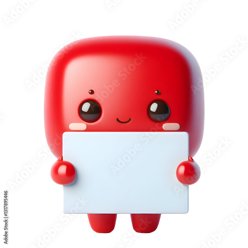 Cute red 3d man holding blank card isolated on white background