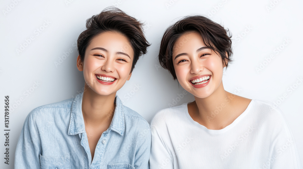 Smiling Chinese women with short hair, wearing casual outfits, against light background. Smiling Chinese women with short hair, wearing casual outfits, against light background.