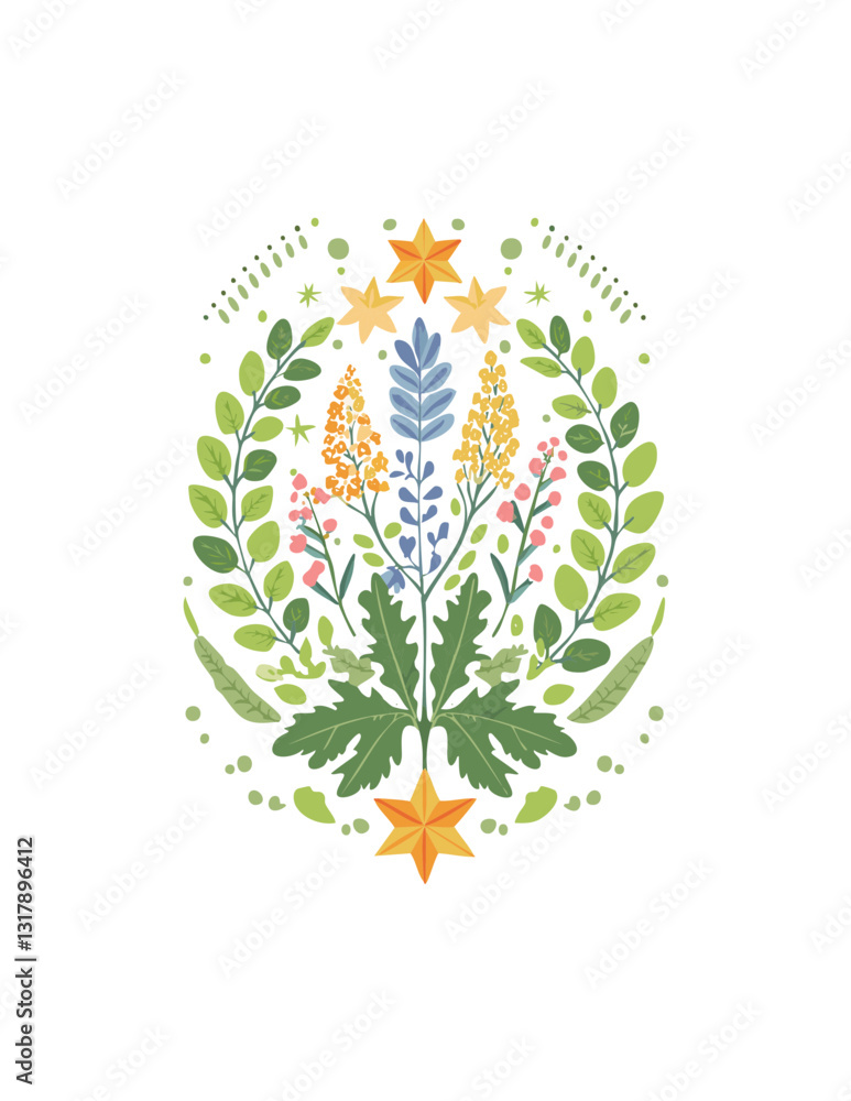 Obraz premium A decorative floral illustration featuring wildflowers, green foliage, and golden stars, symbolizing nature, harmony, and beauty.