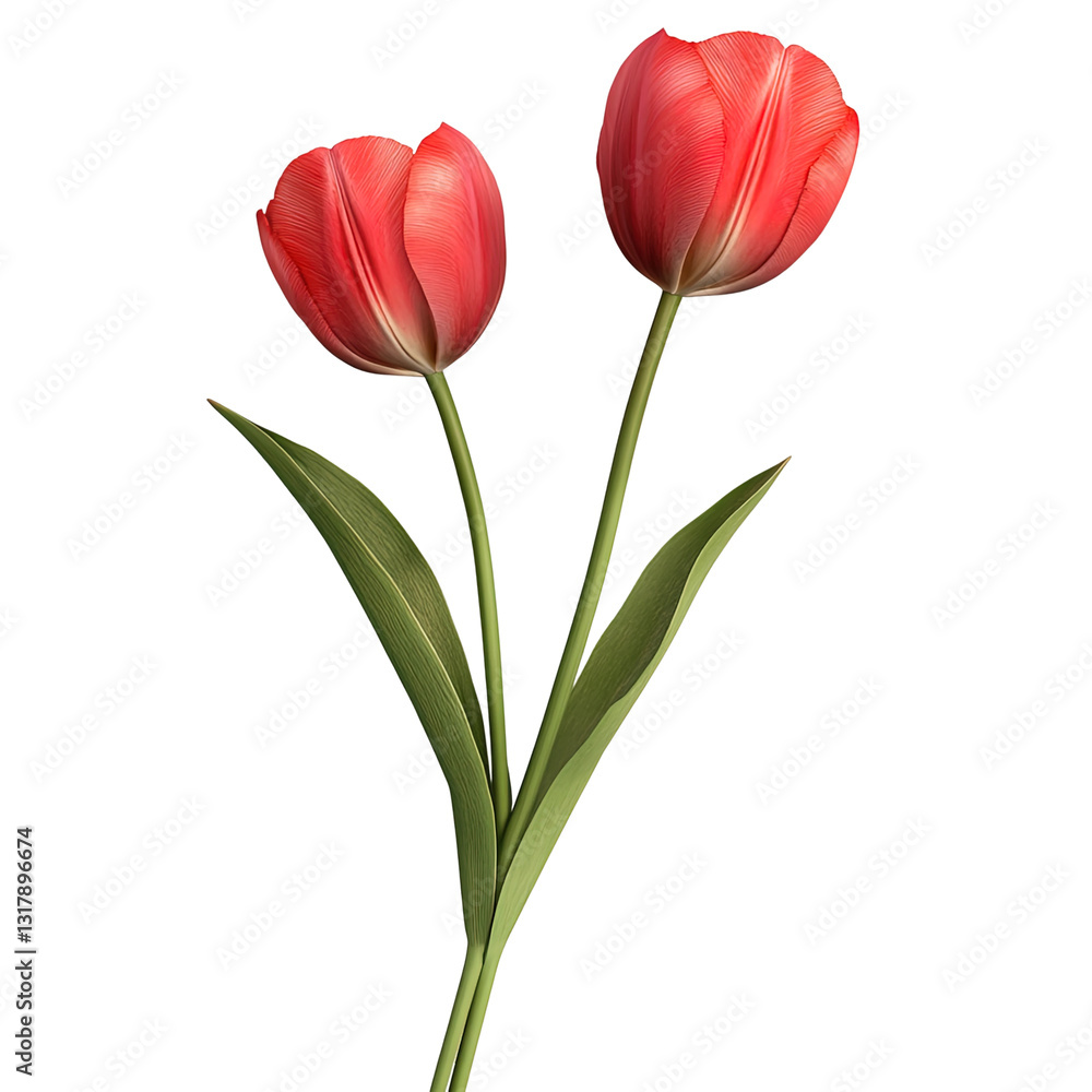 Two red tulips with green stems on transparent background Two red tulips with green stems on transparent background