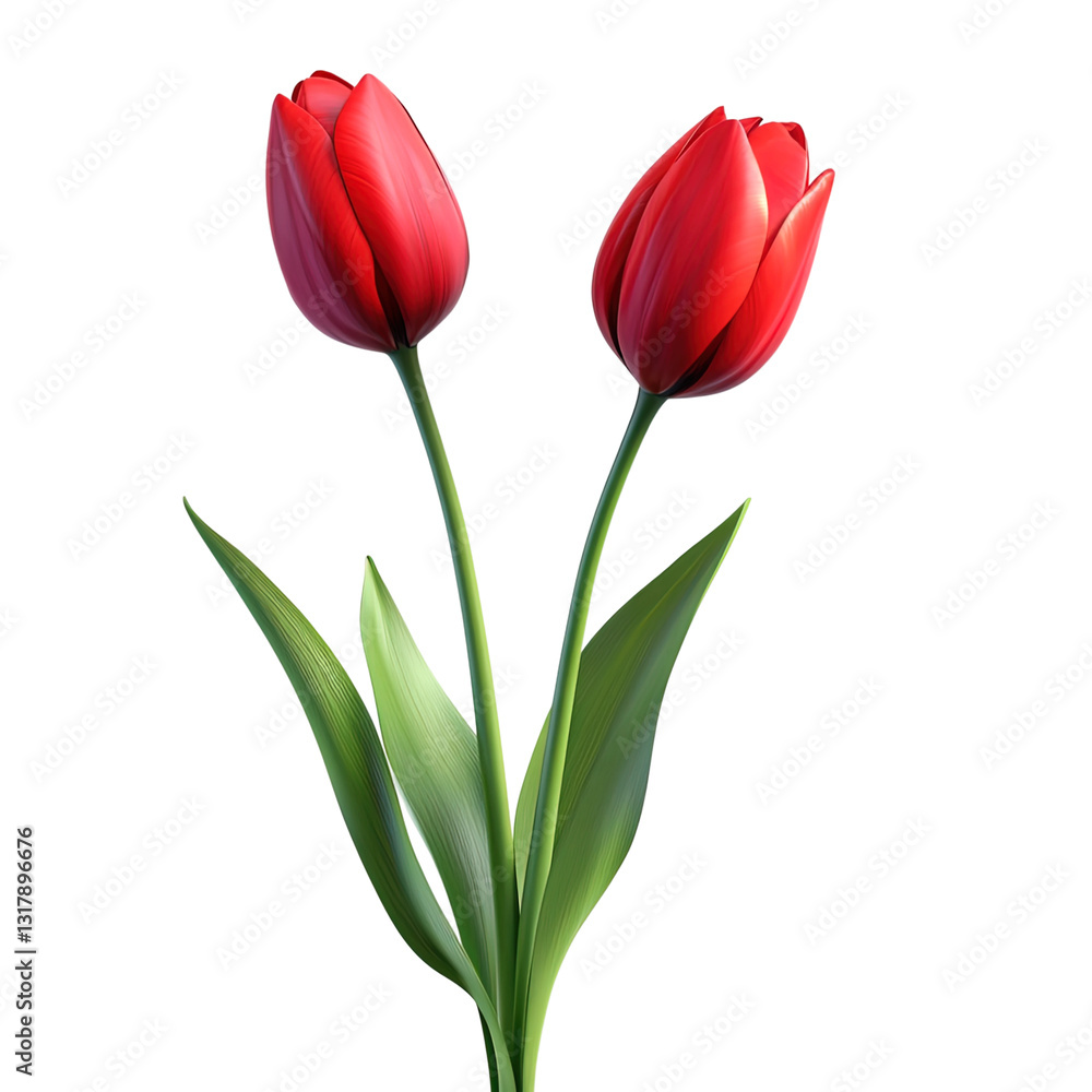Two red tulips with green leaves are standing next to each other on transparent background Two red tulips with green leaves are standing next to each other on transparent background