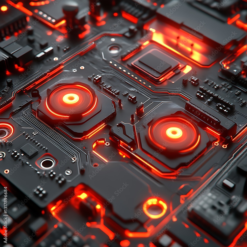 Fototapeta premium Glowing Red Circuit Board Closeup, Technology Background, Futuristic Design, Tech Concept