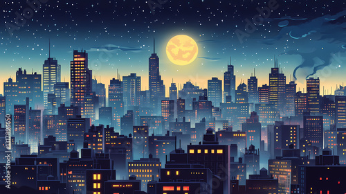 A panoramic view of a bustling cityscape at night bathed in the glow of city lights, capturing the essence of metropolitan life. Moonlit Essence. Illustration