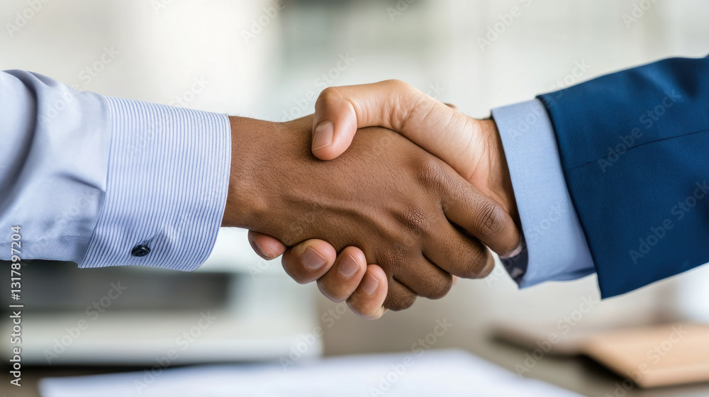 Confident business partners shaking hands over contract, symbolizing trust and collaboration. Confident business partners shaking hands over contract, symbolizing trust and collaboration.