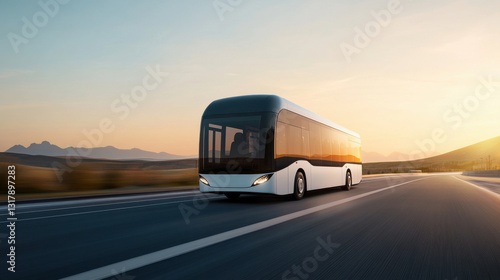 Modern bus driving on highway at sunset, showcasing sleek design and scenic landscape.