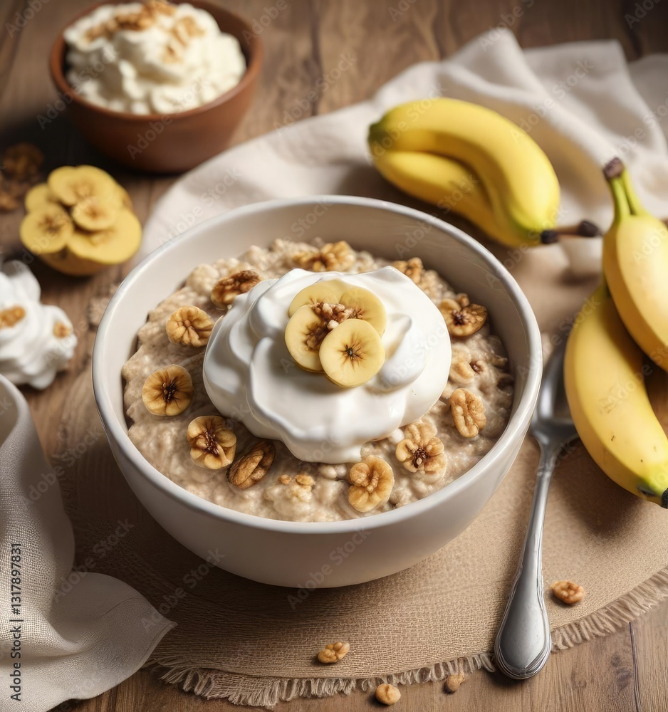 A bowl of oatmeal with sliced banana and walnuts topped with a dollop of whipped cream, whipped cream, walnuts A bowl of oatmeal with sliced banana and walnuts topped with a dollop of whipped cream, whipped cream, walnuts