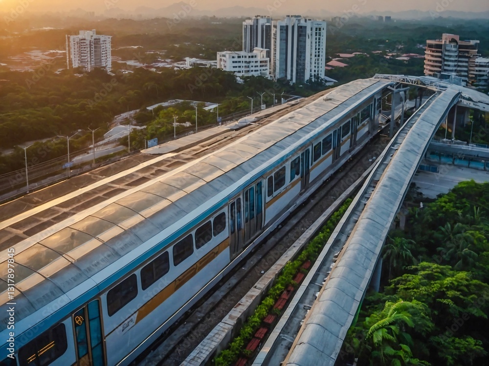 Naklejka premium Aerial sunrise view of LRT station, Putra Heights, Malaysia.