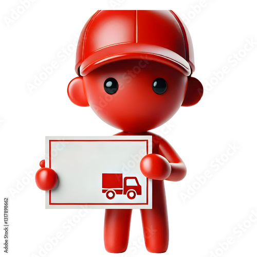 Cute red 3d man holding blank card isolated on white background