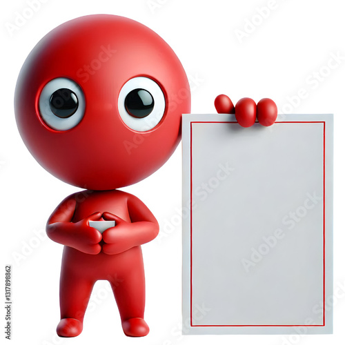 Cute red 3d man holding blank card isolated on white background