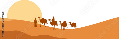 Desert with camel caravan silhouette illustration 