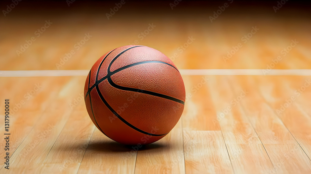 3D Rendered Basketball On A Polished Hardwood Court With Dramatic Lighting 3D Rendered Basketball On A Polished Hardwood Court With Dramatic Lighting