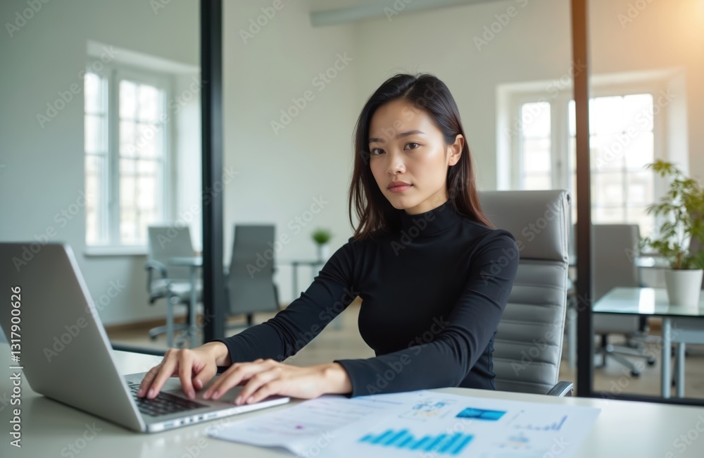 Confident asian businesswoman works with laptop in office. Hands type on keyboard. Professional investor works on new startup project. Woman plans business. Tech business with analytics and charts. Confident asian businesswoman works with laptop in office. Hands type on keyboard. Professional investor works on new startup project. Woman plans business. Tech business with analytics and charts.