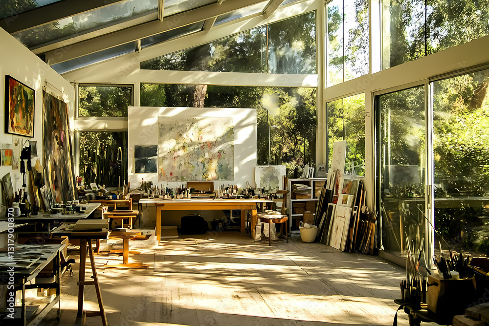 Naklejka premium Inside an Airy Art Studio with Open Space and Natural Light for Creative Inspiration