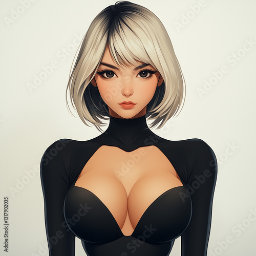 A stylish woman with a black and white bob hairstyle wears a form-fitting black bodysuit with deep cutouts. Created with Generative AI technology