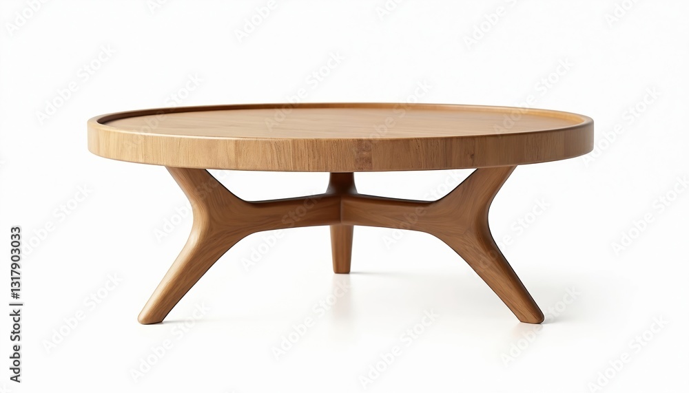 Minimalist round coffee table with unique leg design. Contemporary style wood finish. Mid-century modern accent furniture for stylish home interior, apartment living. Elegant wooden table on white Minimalist round coffee table with unique leg design. Contemporary style wood finish. Mid-century modern accent furniture for stylish home interior, apartment living. Elegant wooden table on white