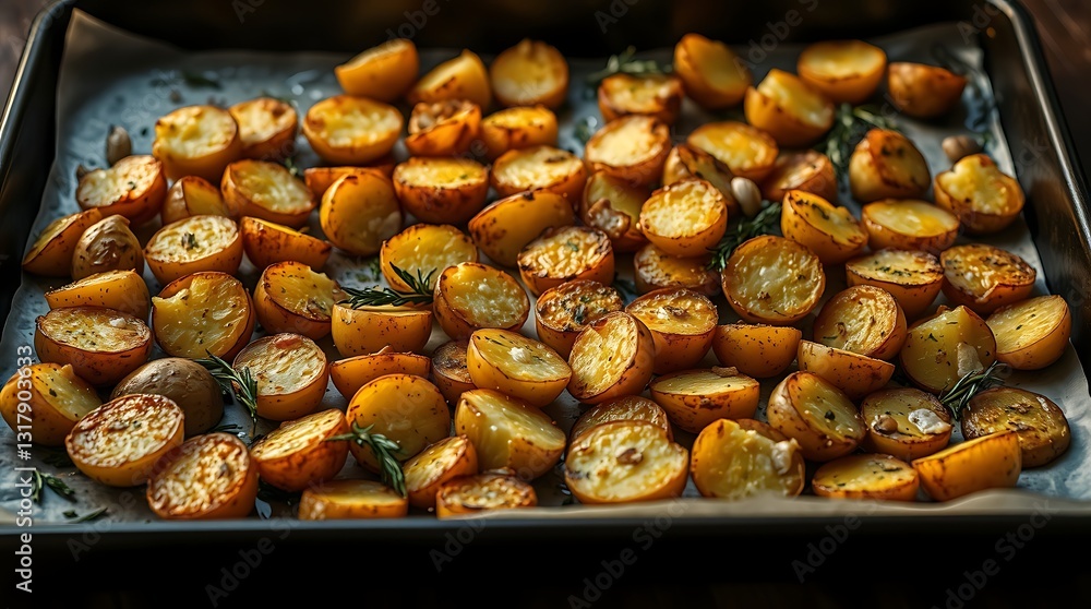 Crispy Roasted Potatoes with Rosemary and Garlic - A tray of golden crispy roasted potatoes with fresh rosemary and garlic, served hot and glistening with olive oil on a parchment-lined baking sheet Crispy Roasted Potatoes with Rosemary and Garlic - A tray of golden crispy roasted potatoes with fresh rosemary and garlic, served hot and glistening with olive oil on a parchment-lined baking sheet