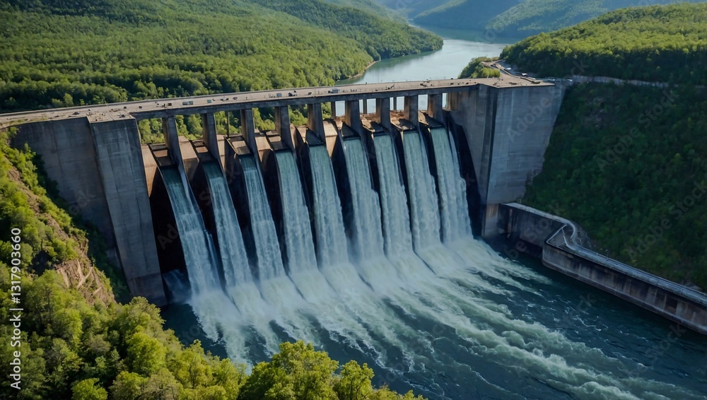 Aerial view of a hydroelectric dam highlighting the importance of harnessing natural resources. Aerial view of a hydroelectric dam highlighting the importance of harnessing natural resources.