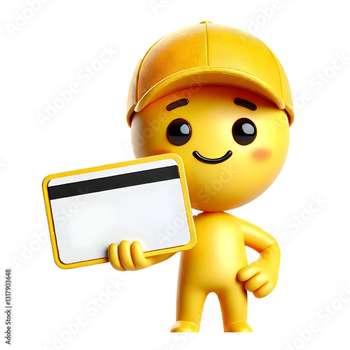 Cute yellow man 3d holding blank card isolated on white background