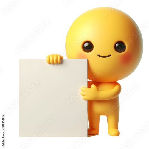 Cute yellow man 3d holding blank card isolated on white background