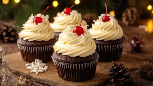 Festive Chocolate Cupcakes with Cherry Frosting on Wooden Board