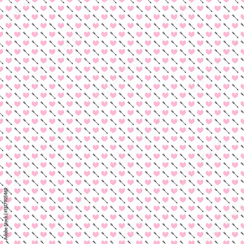 Seamless pattern with pink hearts and arrows on white diagonal grid. Cute romantic Valentine background for wrapping paper, textiles, wedding decor and cards.