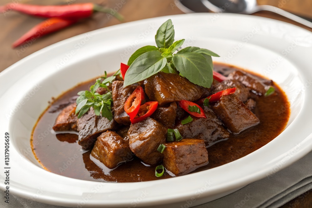 Delicious braised beef cubes in rich brown sauce served on white plate garnished with basil leaves Delicious braised beef cubes in rich brown sauce served on white plate garnished with basil leaves
