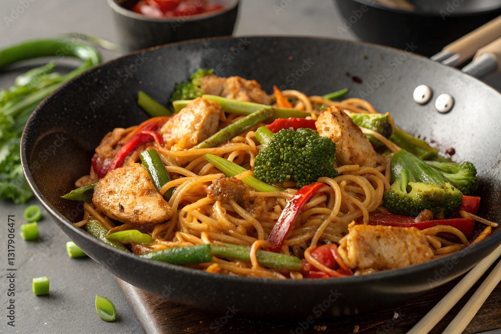 Delicious chicken stir fry with noodles, broccoli, and red peppers in a wok for dinner meal Delicious chicken stir fry with noodles, broccoli, and red peppers in a wok for dinner meal