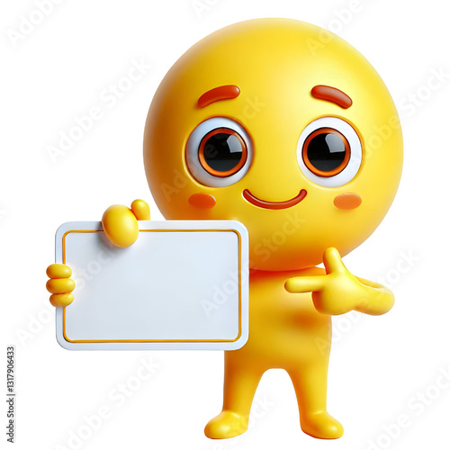 Cute yellow man 3d holding blank card isolated on white background