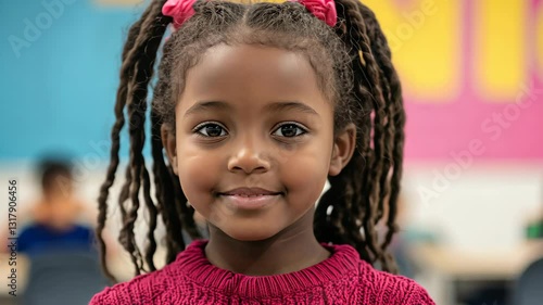 Sudanese Refugee Child in Classroom Smiling with Optimism and Hopeful Expression in Bright Learning Environment Focus on Integration Education and Future
