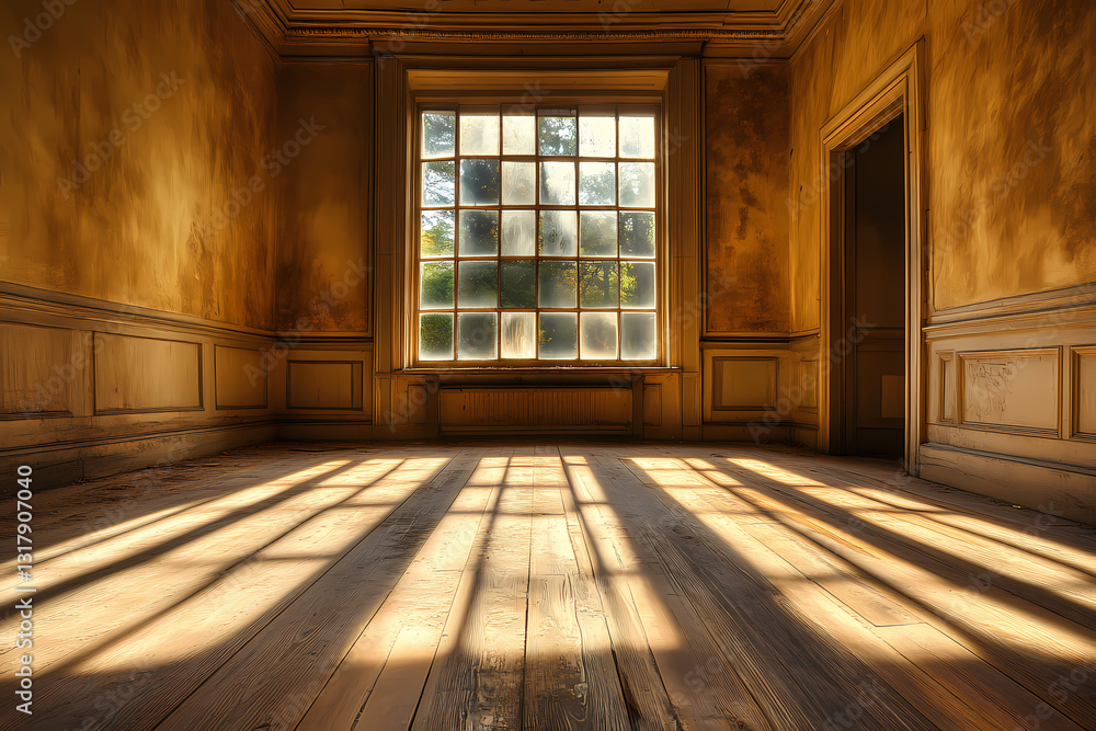 Obraz premium Light Streams into an Abandoned Corridor Creating Moody Architectural Shadows