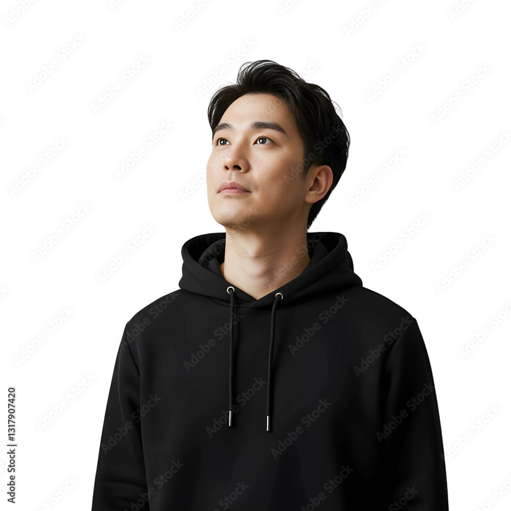 Handsome Man Wearing Black Hoodie, Looking Up, Isolated on Transparent Background, PNG Handsome Man Wearing Black Hoodie, Looking Up, Isolated on Transparent Background, PNG