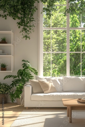 Sunlit living room with white sofa, plants, and large window.