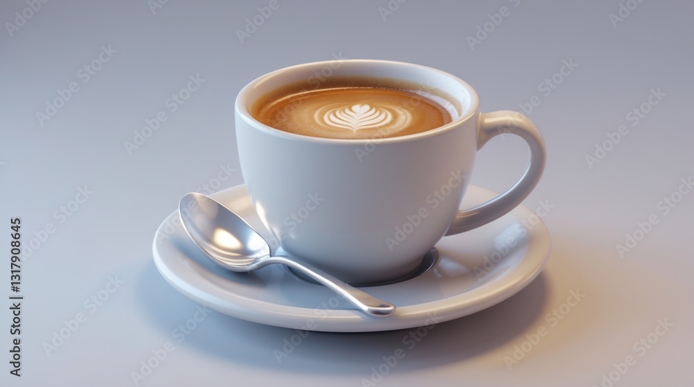 A steaming cup of coffee with latte art, accompanied by a spoon on a saucer, perfect for mornin A steaming cup of coffee with latte art, accompanied by a spoon on a saucer, perfect for mornin