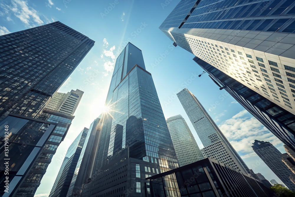 Reflective skyscraper business office buildings. Bottom up view of big modern city urban landscape. Generative AI. Reflective skyscraper business office buildings. Bottom up view of big modern city urban landscape. Generative AI.