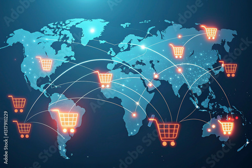 Glowing global map with digital shopping carts, online retail network, futuristic e-commerce connections