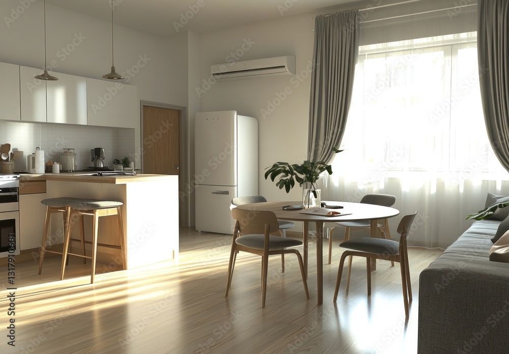 Fototapeta premium Sunlit minimalist apartment kitchen and dining area.